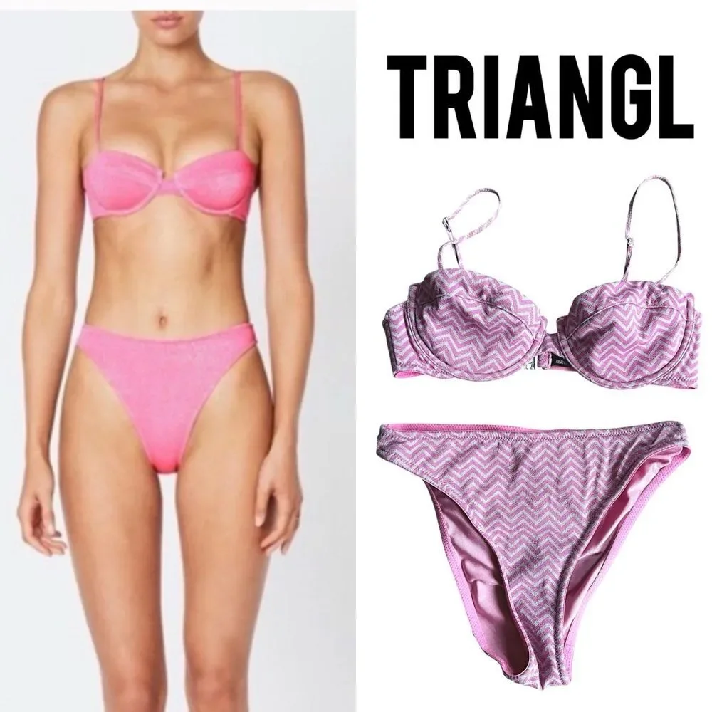 TRIANGL Rhian Mirage Bikini Set Pink Chevron Sparkle | Top S Bottom XS Beach